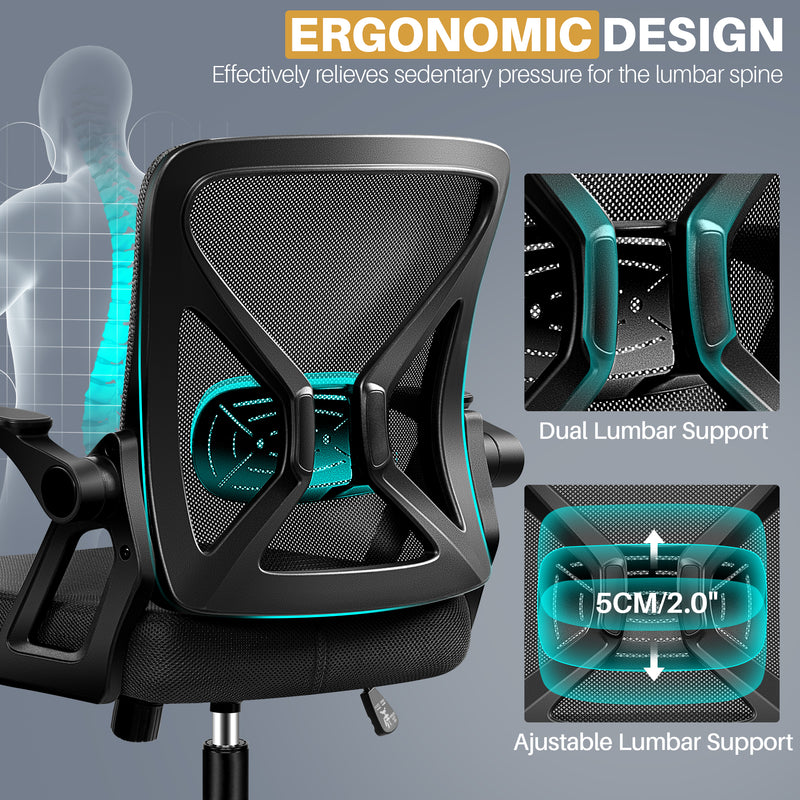 FelixKing Office Chair - Ergonomic Desk Chair Breathable Mesh Task with Wheels and Lumbar Support Home Desk Office Chairs with Flip up Armrest Rolling Swivel for Home Computer Black