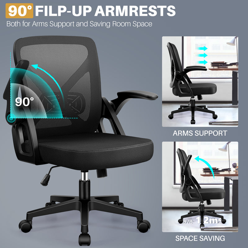 FelixKing Office Chair - Ergonomic Desk Chair Breathable Mesh Task with Wheels and Lumbar Support Home Desk Office Chairs with Flip up Armrest Rolling Swivel for Home Computer Black