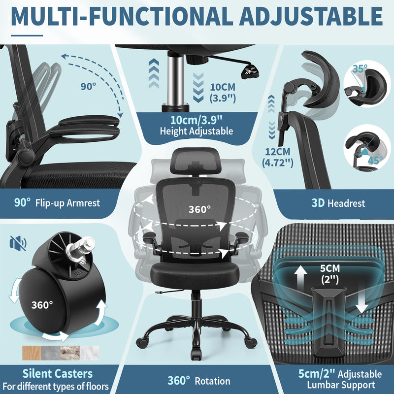 FelixKing Ergonomic Office Chair, Headrest Desk Chair Office Chair with Adjustable Lumbar Support, Home Office Swivel Task Chair with High Back and Armrest, Adjustable Height Gaming Chair